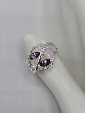 Swarovski Crystal Elements Silver Statement Ring Pink Opal Amethyst Size 8.5